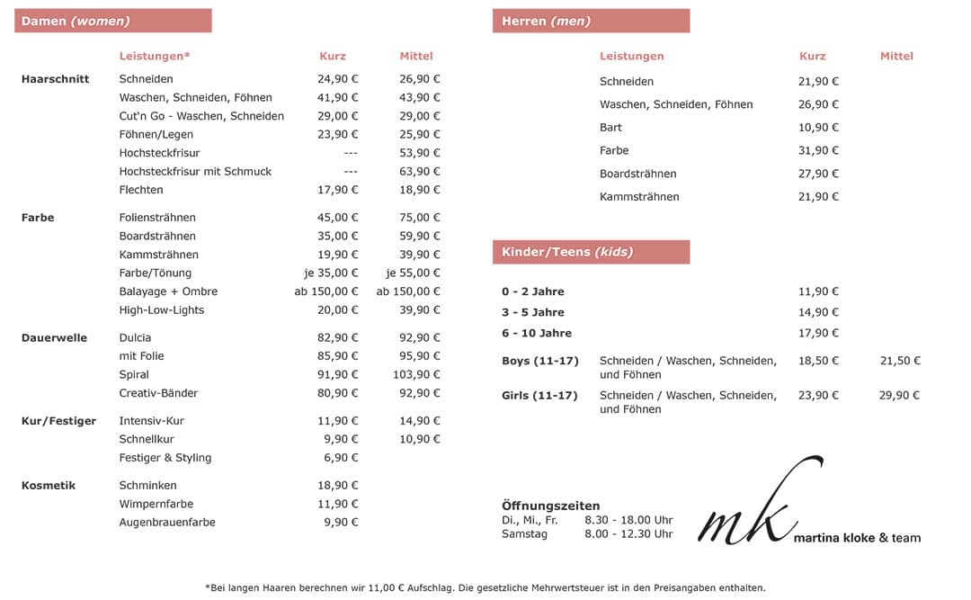 Aktuelle Preisliste Friseursalon mk und Team